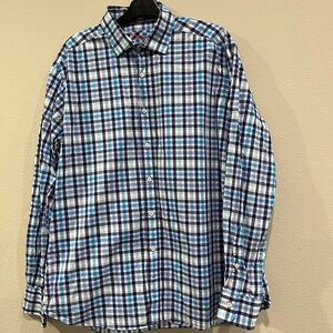 Ingram Dress Shirt Made In Italy XL Blue Plaid Embroidered Logo